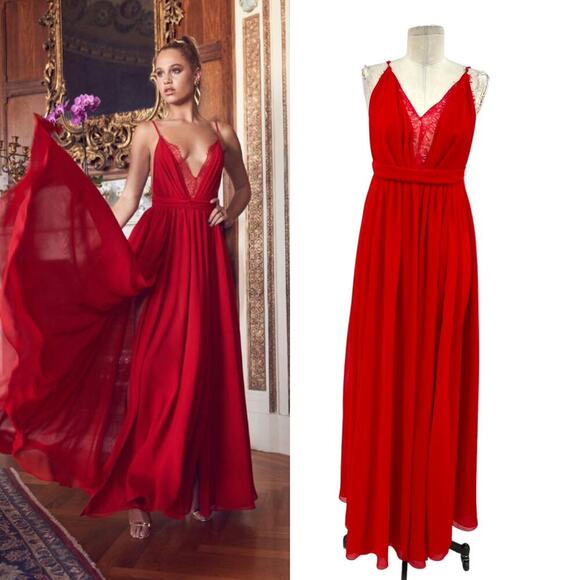 Michael Costello x Revolve Justin Gown Red Maxi‎ Lace Slit Size Large - Picture 1 of 16